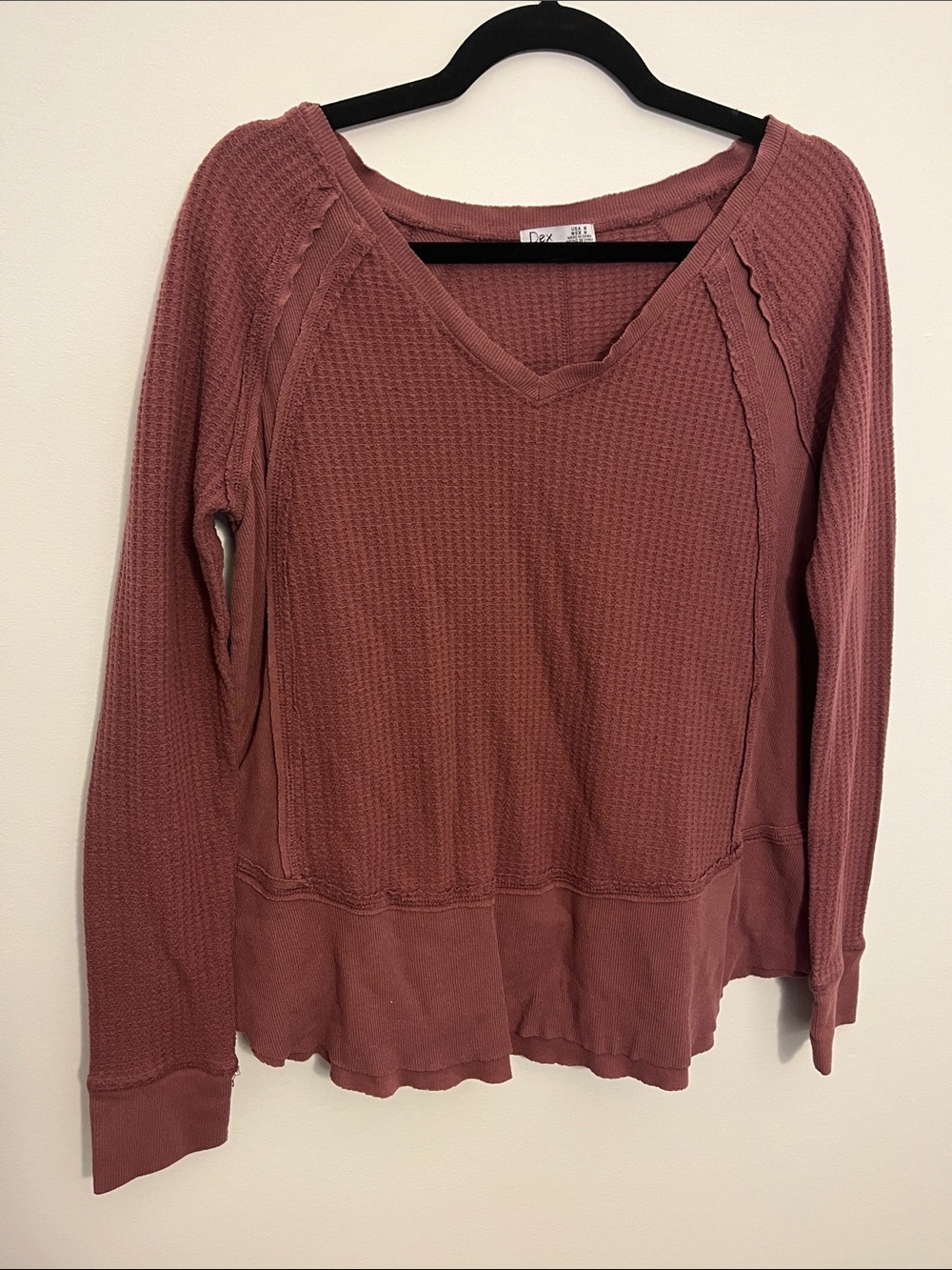 Dex Waffle Knit V-Neck Long Sleeve Top in Dusty Mauve